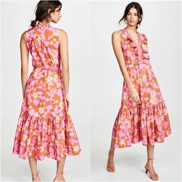 WARM 70s Tropical Floral Sleeveless Ruffle Trim V-Neck Flounce Tier Midi Dress M - Picture 3 of 10